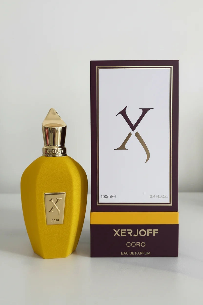 Yellow Xerjoff Coro perfume bottle and packaging on a white background