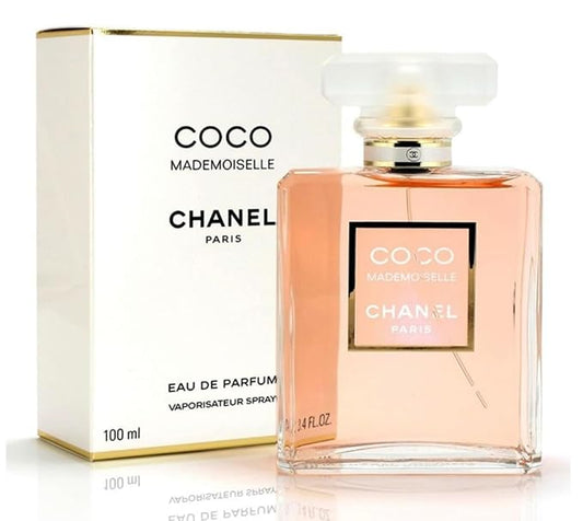Chanel Coco Mademoiselle perfume bottle and packaging on a white background