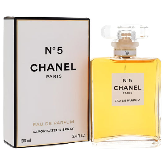 Chanel No 5 perfume bottle and packaging on a white background