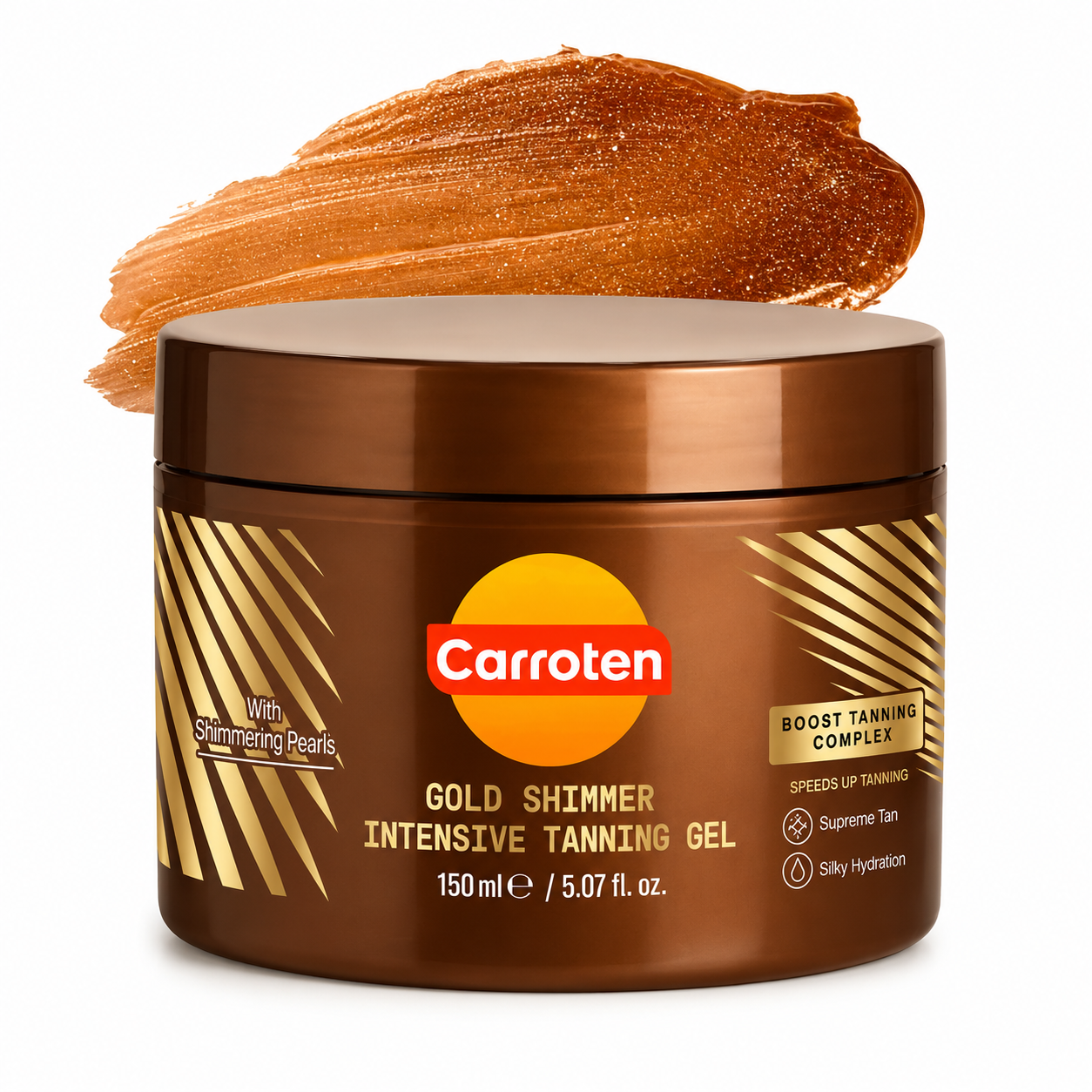 Caroten Gold Shimmer Intensive Tanning Gel jar with a swatch of gel on a white background
