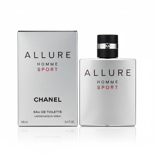 Chanel Allure Homme Sport perfume bottle and packaging on a gray background