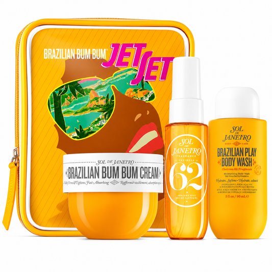 Brazilian Bum Bum Jet Set collection with cream, lotion, and body wash on a white background